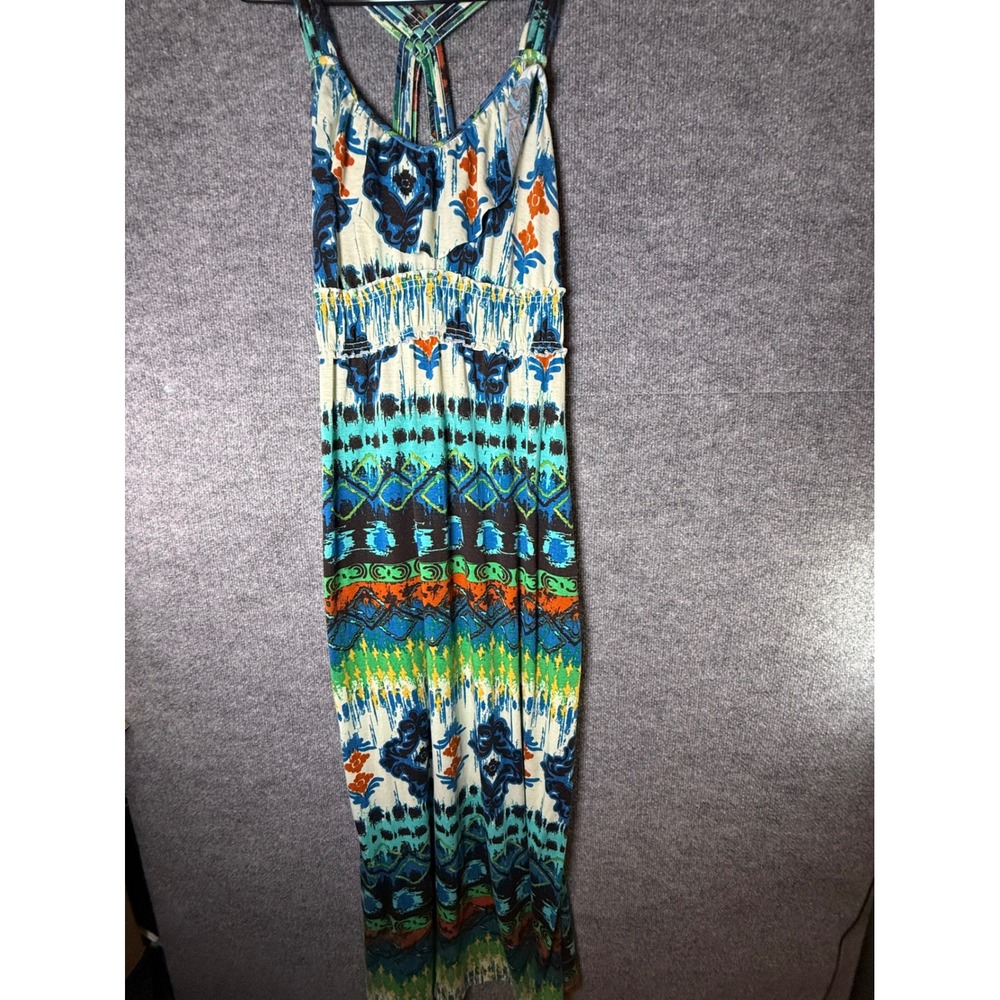 No Boundaries‎ Womens Large Blue Tribal Ikat Print Smocked Empire Waist Maxi